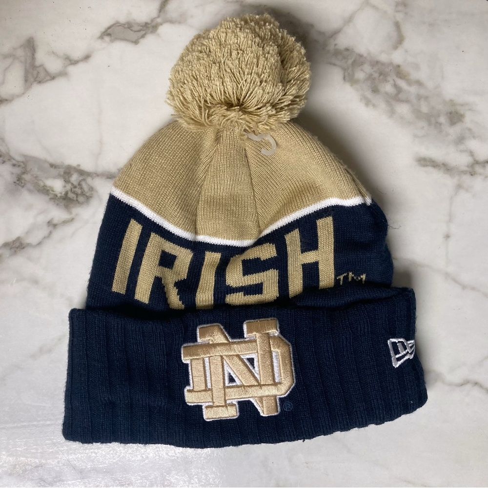 Notre Dame New Era Pom Beanie - Navy and Gold